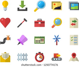 Color flat icon set tool bag flat vector, ax, windmill, main pipeline, lamp, conveyor, radiator, magnifier, heart, calendar, to do list, stopwatch, gallery, download, file sharing, drawing pin