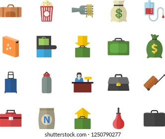 Color flat icon set tool bag flat vector, groats, spaghetti on a fork, popcorn, fertilizer vectory, wealth, blood transfusion, briefcase, sports pear, sport, luggage fector, suitcase, baggage claim