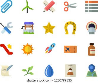 Color flat icon set tool flat vector, measure, well, horseshoe, sun, windmill, tree leaf, rocket, vial, tomograph, clip, hostory roll, indentity card fector, escalator, ticket, scissors, menu, drop