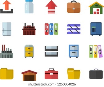 Color flat icon set tool bag flat vector, fridge, glass jar, plant, warehouse, computer file, folder, paper tray, archive, safe fector, upload, briefcase, case