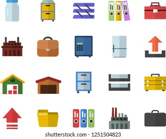 Color flat icon set tool bag flat vector, fridge, glass jar, plant, warehouse, computer file, folder, paper tray, archive, safe fector, upload, briefcase, case