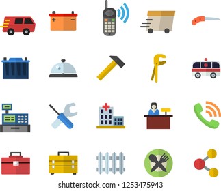 Color flat icon set tool flat vector, bag, hammer, knife, accumulator, radiator, phone call, trucking, express delivery, cash machine, hospital, ambulance, table setting fector, reception desk