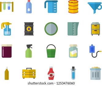Color flat icon set tool bag flat vector, meashuring cup, sieve, jam, mustard, ketchup, pulverizer, bucketful, oil tanks, funnel, medical warmer, analysis, archive, beakers, water, trash can