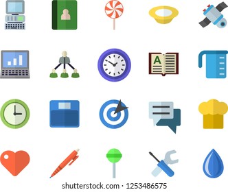 Color flat icon set tool flat vector, meashuring cup, cook hat, dish, lollipop, clock, chat, heart, target, hierarchy, pen, satellit, computer, weighing machine, book, notebook, drop