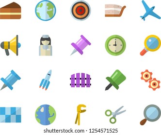 Color flat icon set tool flat vector, tile, induction cooker, piece of cake, fence, earth, nurse, drawing pin, clock, rocket, cogwheel, aircraft fector, scissors, mouthpiece, magnifier
