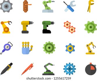 Color flat icon set tool flat vector, drill screwdriver, door lock, spring balance, cogwheel, robotics, pen, robot hand, industrial, stopwatch