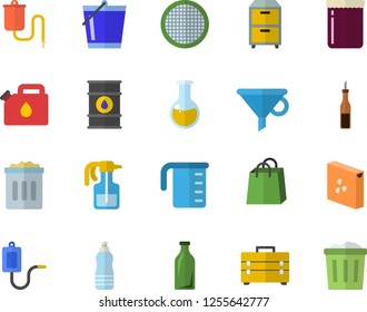 Color flat icon set tool bag flat vector, meashuring cup, groats, sieve, sauce, jam, pulverizer, bucketful, oil tanks, canister, glass bottles, funnel, bags, medical warmer, analysis, archive, water