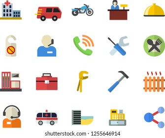 Color flat icon set tool flat vector, bag, hammer, dish, gas station, radiator, telephone operator, phone call, trucking, cash machine, hospital, ambulance, motorcycle fector, hotel first line