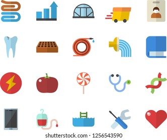 Color flat icon set tool flat vector, brick, towel, lollipop, tomato, hose, irrigation, greenhouse, express delivery, blood transfusion, stethoscope, DNA, caries, book, lightning, achievement chart