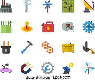 Color flat icon set tool bag flat vector, repair, hammer, windmill, solar battery, plug socket, plant, cogwheel, fabric manufacture, canister, electric cars, carbon dioxide, satellite antenna, laser