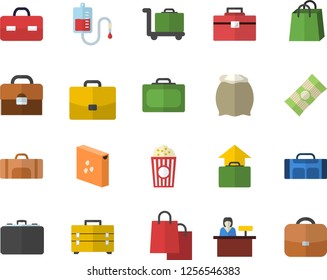 Color flat icon set tool bag flat vector, flour, groats, spaghetti, popcorn, case, bags, blood transfusion, briefcase, sport, suitcase fector, hand luggage, trolley, reception desk