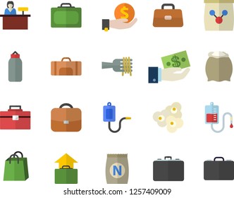 Color flat icon set tool bag flat vector, flour, spaghetti on a fork, popcorn, fertilizer vectory, case, investments, bags, medical warmer, blood transfusion, briefcase, sports pear, sport