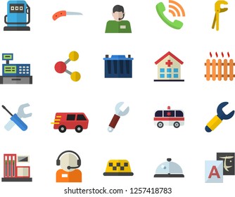 Color flat icon set tool flat vector, knife, gas station, refueling, accumulator, wrench, radiator, telephone operator, phone call, trucking, cash machine, hospital, ambulance, taxi fector, jingle