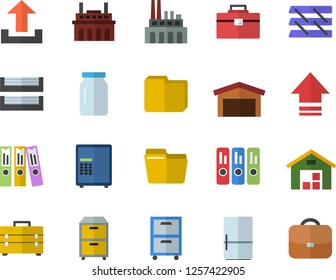 Color flat icon set tool bag flat vector, fridge, glass jar, plant, warehouse, computer file, folder, paper tray, archive, safe fector, upload, briefcase