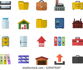 Color flat icon set tool bag flat vector, fridge, glass jar, plant, warehouse, computer file, folder, paper tray, archive, safe fector, upload, briefcase, case