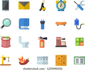 Color flat icon set tool flat vector, toilet, heating batteries, cheese, hot peppers, gas station, crane, calculator, medical warmer, businessman, book, magnifier, skateboard, steroids, envelope