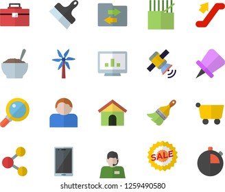 Color flat icon set tool bag flat vector, paint brush, putty knife, porridge, windmill, fabric manufacture, grocery trolley, telephone operator, sell out, computer chart, satellit, escalator fector