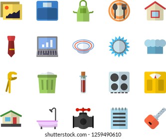 Color flat icon set tool flat vector, shower, cook hat, apron, electric stove, gas, table setting, dish, house, main pipeline, blood test, tie, notepad, computer, weighing machine, gallery, key