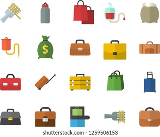 Color flat icon set tool bag flat vector, flour, spaghetti on a fork, case, wealth, bags, medical warmer, blood transfusion, briefcase, sports pear, sport, luggage fector, baggage claim