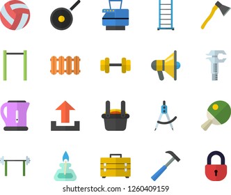 Color flat icon set tool bag flat vector, ladder, heating batteries, ax, hammer, teflon, electric kettle, dividers, metallurgy, trammel, copy machine, gas burner, dumbbell, barbell, volleyball, lock