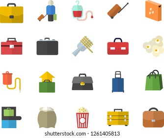 Color flat icon set tool bag flat vector, flour, groats, spaghetti on a fork, popcorn, case, bags, medical warmer, blood transfusion, briefcase, luggage fector, baggage claim, hand