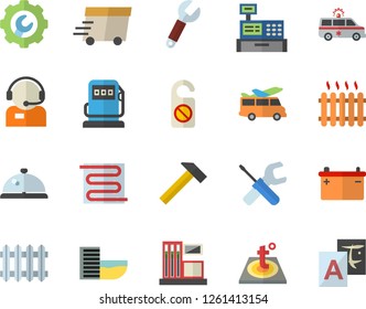 Color flat icon set tool flat vector, repair, warm floor, hammer, gas station, refueling, accumulator, wrench, radiator, telephone operator, express delivery, cash machine, ambulance, transfer