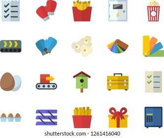 Color flat icon set tool bag flat vector, color scheme, switch box, egg, French fries, popcorn, nesting, conveyor, present, to do list, paper tray, boxing gloves, safe fector