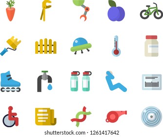 Color flat icon set tool flat vector, paint roller, carrot, plum, thermometer, fence, water tap, barcode, disabled, ampoule, DNA, document, robot hand, ufo, whistle, bicycle, vitamins, Skates