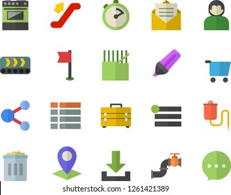 Color flat icon set tool bag flat vector, stopwatch, electric stove, main pipeline, conveyor, fabric manufacture, grocery trolley, location, marker, medical warmer, sports flag, escalator fector