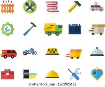 Color flat icon set tool flat vector, bag, repair, warm floor, hammer, dish, accumulator, radiator, trucking, express delivery, ambulance, motorcycle fector, hotel first line, table setting, taxi