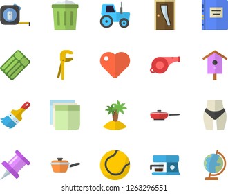 Color flat icon set tool flat vector, tape measure, paint brush, Entrance door, frying pan, saute, coffee machine, nesting box, tractor, heart, drawing pin, sticker, textbook, whistle, waistline