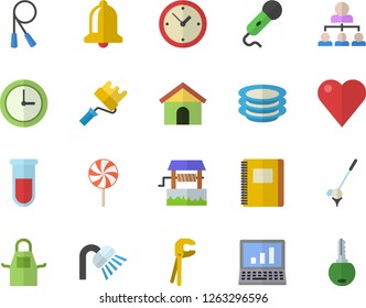 Color flat icon set tool flat vector, paint roller, shower, apron, plates, lollipop, well, blood test, heart, hierarchy, computer, notebook, skipping rope, golf fector, bell, house, microphone, key