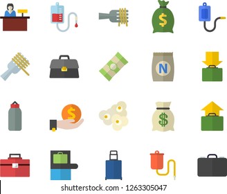 Color flat icon set tool bag flat vector, spaghetti, on a fork, popcorn, fertilizer vectory, investments, wealth, medical warmer, blood transfusion, briefcase, sports pear, baggage claim fector
