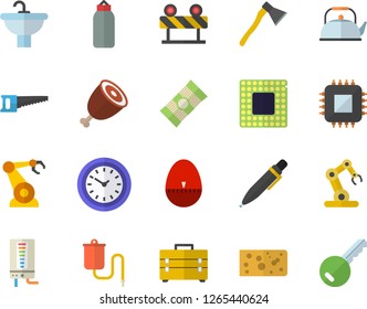 Color flat icon set tool bag flat vector, sink, ax, barrier, boiler, teapot, kitchen egg timer, spaghetti, cheese, ham, saw, motherboard, robotics, clock, medical warmer, pen, cpu, industrial robot