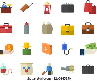 Color flat icon set tool bag flat vector, flour, groats, spaghetti on a fork, popcorn, fertilizer vectory, case, investments, bags, medical warmer, blood transfusion, briefcase, sports pear, get