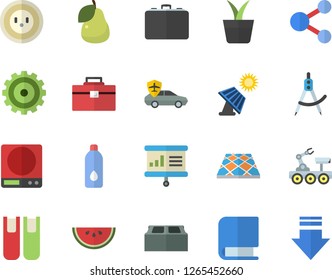 Color flat icon set tool bag flat vector, brick, flooring, weighing machine, watermelon, pear, home plant, solar battery, socket, autopilot, dividers, case, cogwheel, book, presentaition board