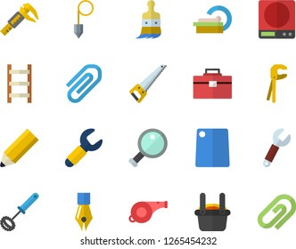 Color flat icon set tool flat vector, saw, bag, construction plummet, weighing machine, whisk, cutting board, paint brush, ladder, trammel, wrench, metallurgy, tomograph, clip, ink pen, pencil