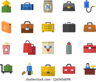 Color flat icon set tool bag flat vector, groats, popcorn, fertilizer vectory, case, bags, medical warmer, briefcase, sports pear, sport, luggage fector, hand, trolley, reception desk