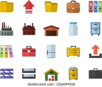 Color flat icon set tool bag flat vector, fridge, glass jar, plant, warehouse, computer file, folder, paper tray, archive, upload, briefcase, case