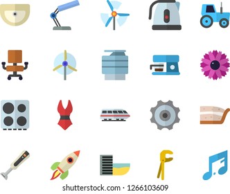 Color flat icon set tool flat vector, sink, electric kettle, stove, blender, coffee machine, piece of cake, flower, tractor, office chair, reading lamp, copy, rocket, cogwheel, windmill, swimsuit
