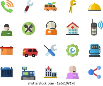 Color flat icon set tool flat vector, repair, dish, refueling, accumulator, wrench, telephone operator, phone call, trucking, cash machine, hospital, table setting fector, transfer, share