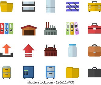 Color flat icon set tool bag flat vector, fridge, glass jar, plant, warehouse, computer file, folder, paper tray, archive, safe fector, upload, briefcase, case
