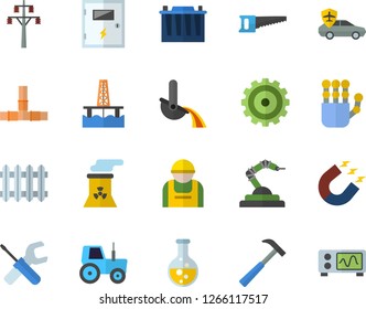 Color flat icon set tool flat vector, pipes, switch box, hammer, tractor, saw, oil production platform, chemistry, accumulator, power line support, construction worker, autopilot, magnet, robotics