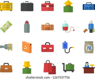 Color flat icon set tool bag flat vector, groats, spaghetti, on a fork, fertilizer vectory, case, bags, medical warmer, blood transfusion, briefcase, sports pear, sport, luggage fector, get, hand