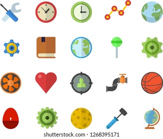 Color flat icon set tool flat vector, kitchen egg timer, meat hammer, lollipop, ventilation, main pipeline, earth, cogwheel, target audience, scatter chart, heart, moon, textbook, basketball, fector