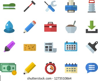 Color flat icon set tool flat vector, bag, putty knife, ax, grater, cheese, porridge, drop, cash, marker, calendar, document, printer, pencil, stapler, stopwatch, download, chat