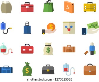 Color flat icon set tool bag flat vector, flour, groats, fertilizer vectory, investments, wealth, bags, medical warmer, blood transfusion, briefcase, sport, luggage fector