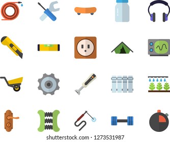 Color flat icon set tool flat vector, level meter, door lock, sockets, stationery knife, heating batteries, blender, glass jar, sprinkling machine, hose, garden wheelbarrow, welding, oscilloscope