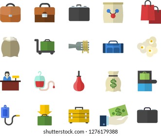 Color flat icon set tool bag flat vector, flour, spaghetti on a fork, popcorn, fertilizer vectory, case, investments, wealth, bags, medical warmer, blood transfusion, briefcase, sports pear, sport