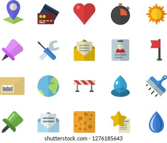 Color flat icon set tool flat vector, putty knife, barrier, cheese, sun, drop, location, barcode, heart, drawing pin, sports flag, earth fector, credit card, badge, message, favorites, stopwatch
